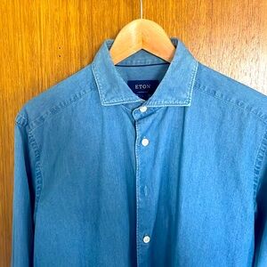 Eton contemporary denim dress shirt, size equates to 16-34/35